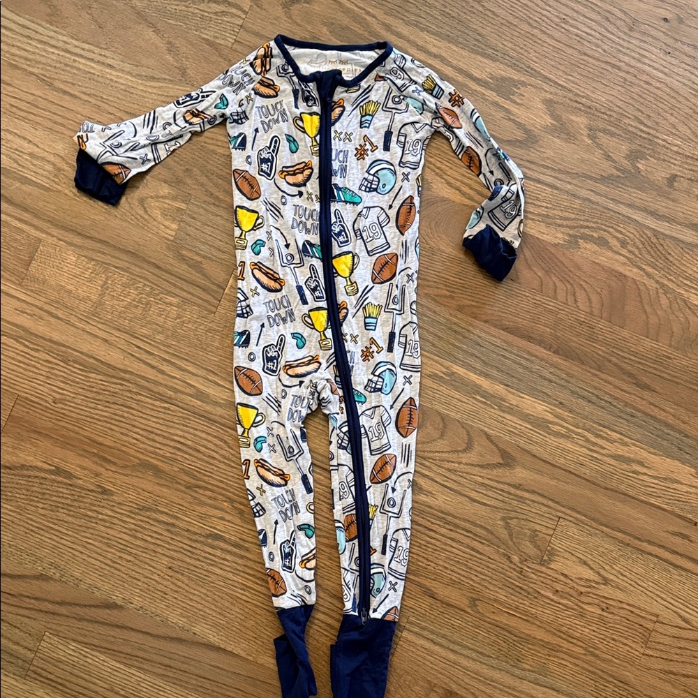 Little Sleepies White Sports-Print Footed Pajamas with Navy Trim